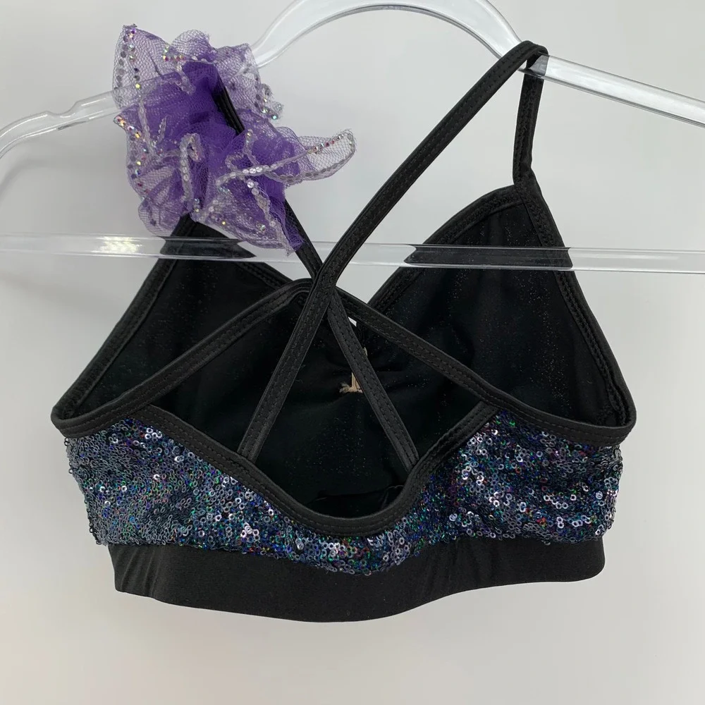 Black Sequin Dance Bra Top w/ Strappy Back & Matching Scrunchie Youth MC